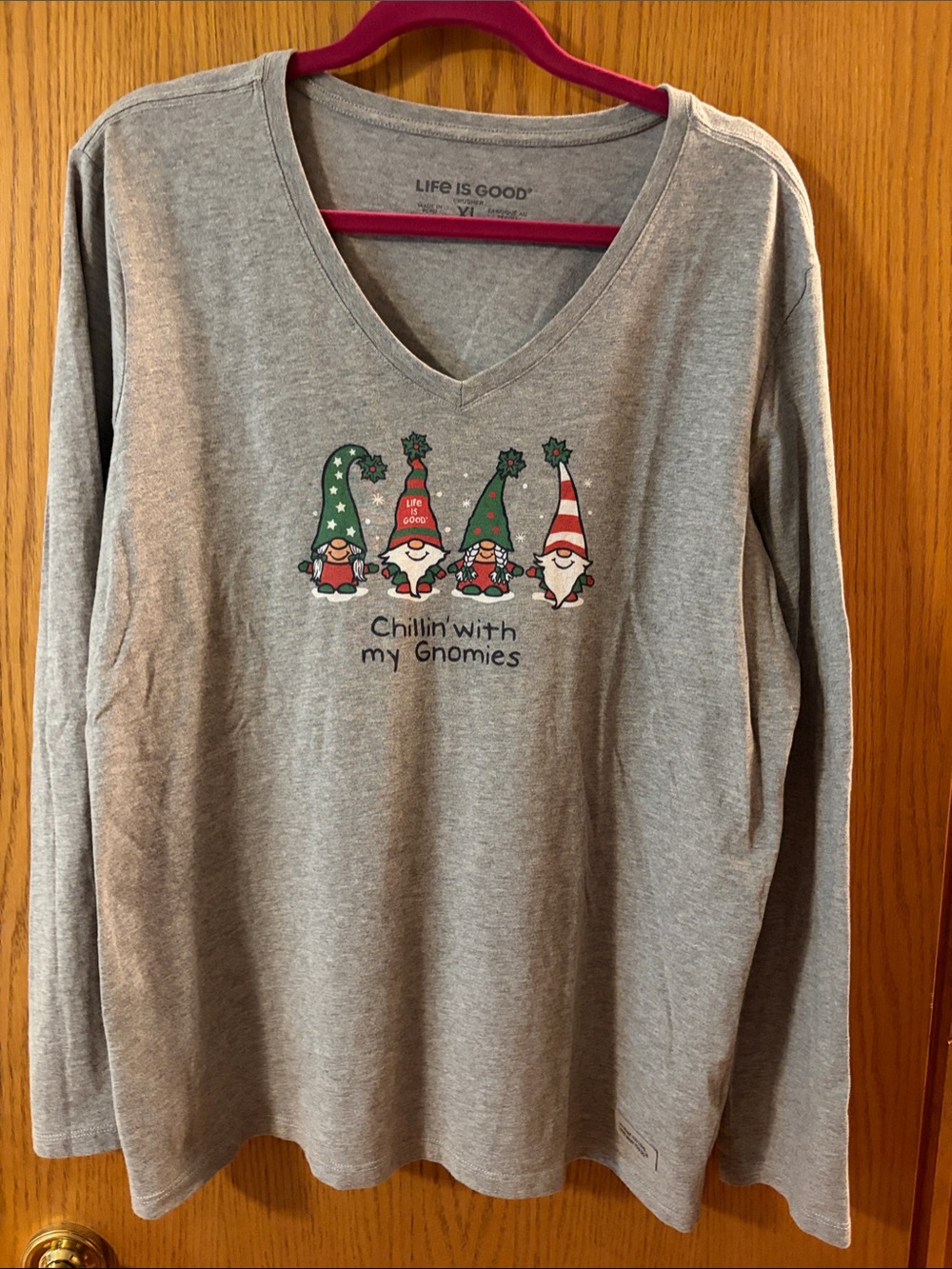 Life Is Good Gray V-Neck Top with Festive Gnome Graphic